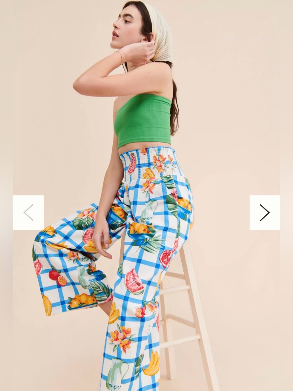 Linen Fruit Print Blue Plaid Tropical Print High Rise Wide-Leg Pants